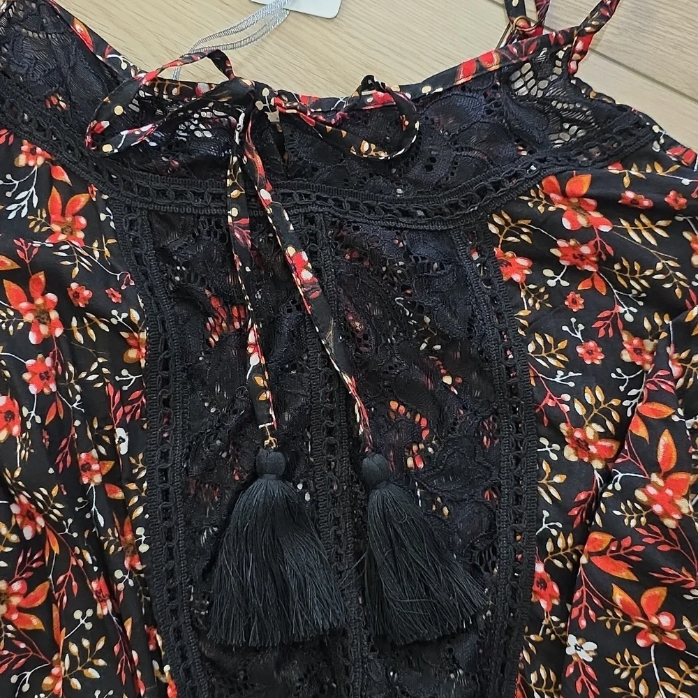 Tiare Hawaii Floral Lace-Trim Beach Cover-Up in Black and Red